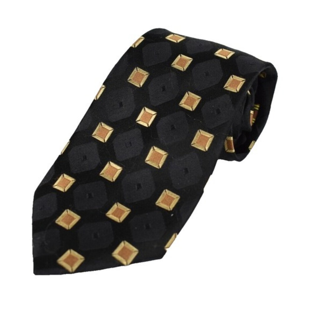 BCBG Attitude 100% silk tie handmade black and gold pattern square 3.25"W X 60"L